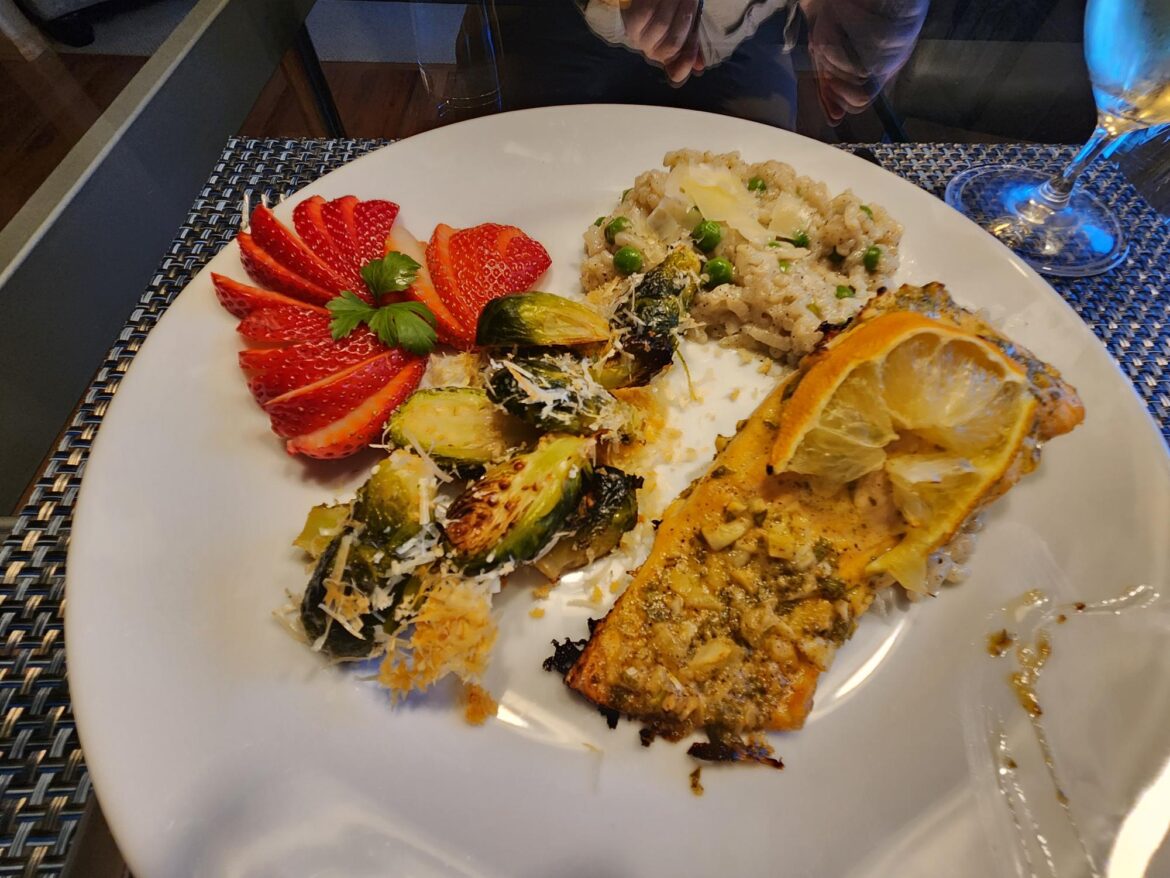 Garlic-Dijon Salmon, Risotto, & Baked Brussel Sprouts