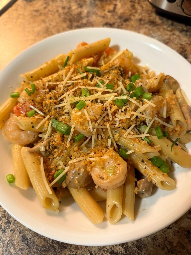 first time trying HF! triple mushroom truffle penne with shrimp~