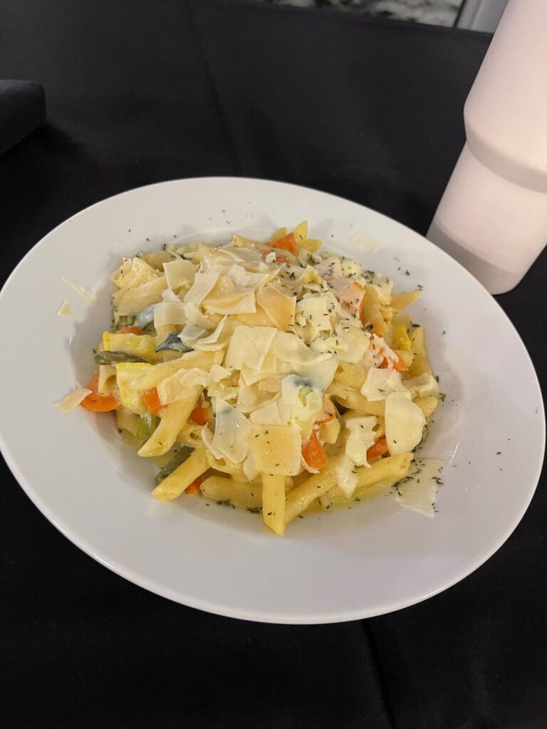 What would you guess for this cheesy vegetable pasta, small crab cake, and mini bruschetta?