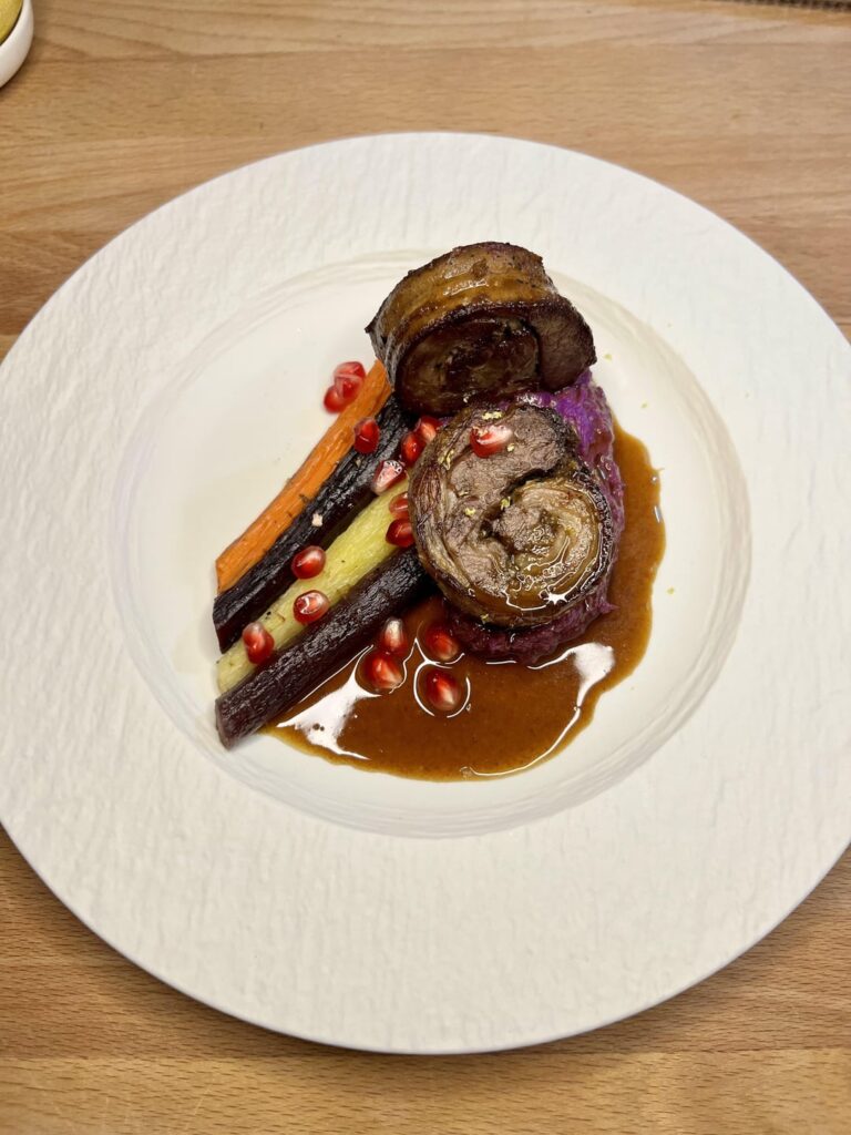 Pomegranate Molasses Lamb Breast, Mashed Purple Sweet Potato, Roasted Carrots, Pomegranate. 2 Platings