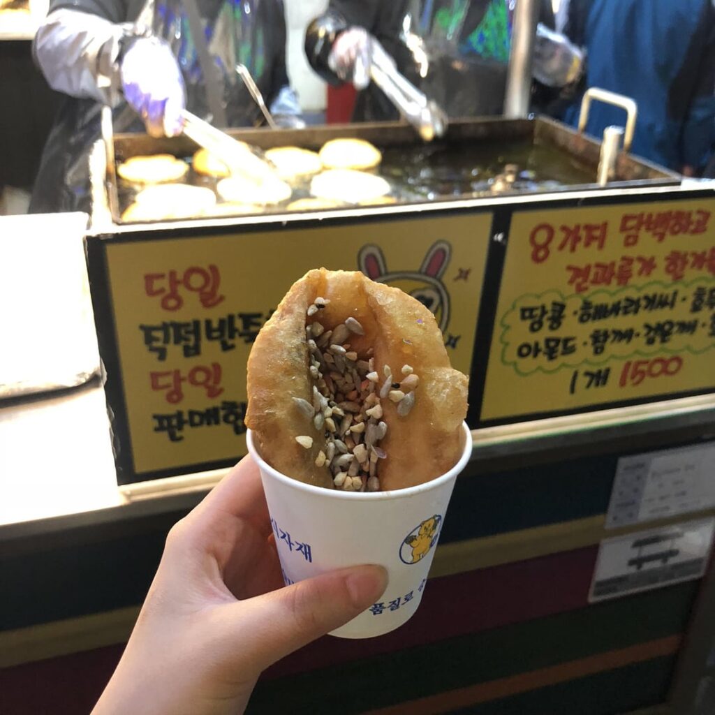 Korean street food: Hotteok, Jobchae Korokke, Sausage Bread