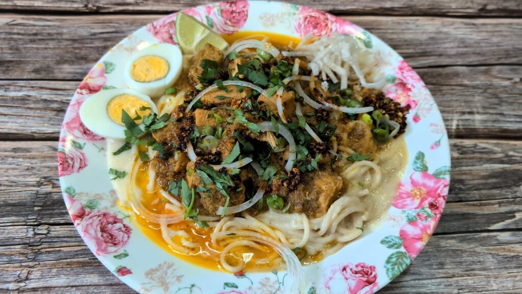 Burmese coconut chicken curry noodles know as Ohn No Khau Swe, a family favourite