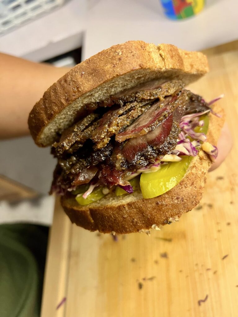 Smoked Beef Cheek, Coleslaw and Pickles on Shitty Aldi Bread