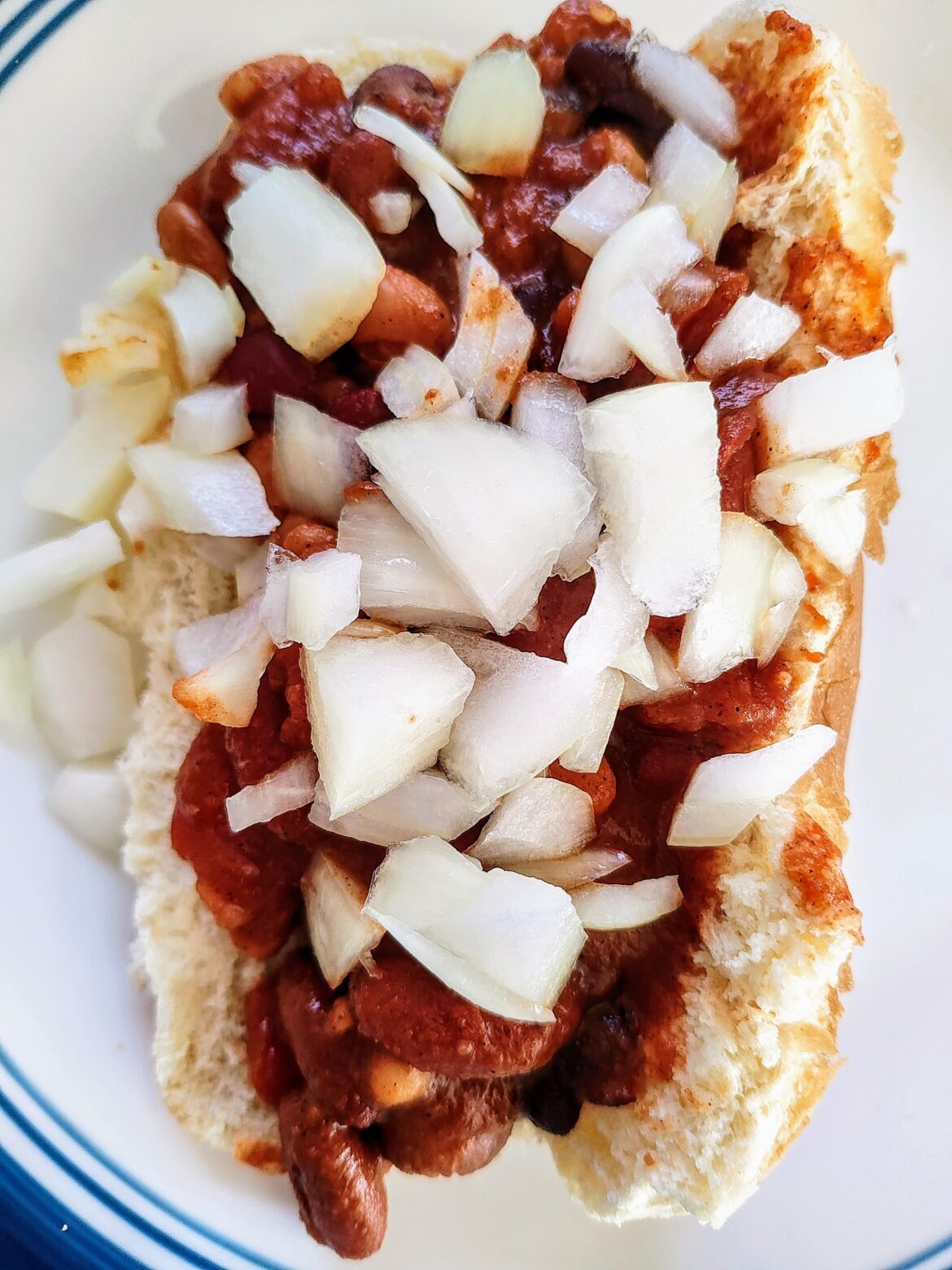 Chili cheese dog without the cheese because I wanted to show you the glorious onions.