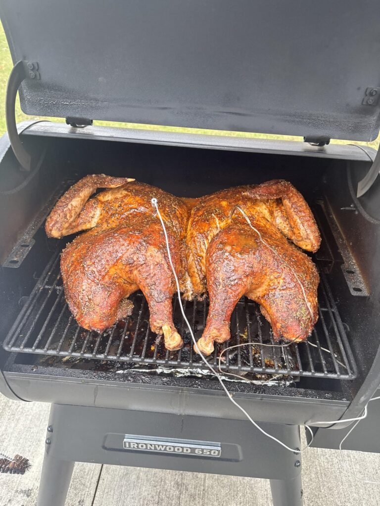 30lb spatchcocked turkey came out absolutely amazing. We had 25 guests and everyone said it was the best they had ever had. Made an absolute mess and the grill needs a major cleaning but so worth it.