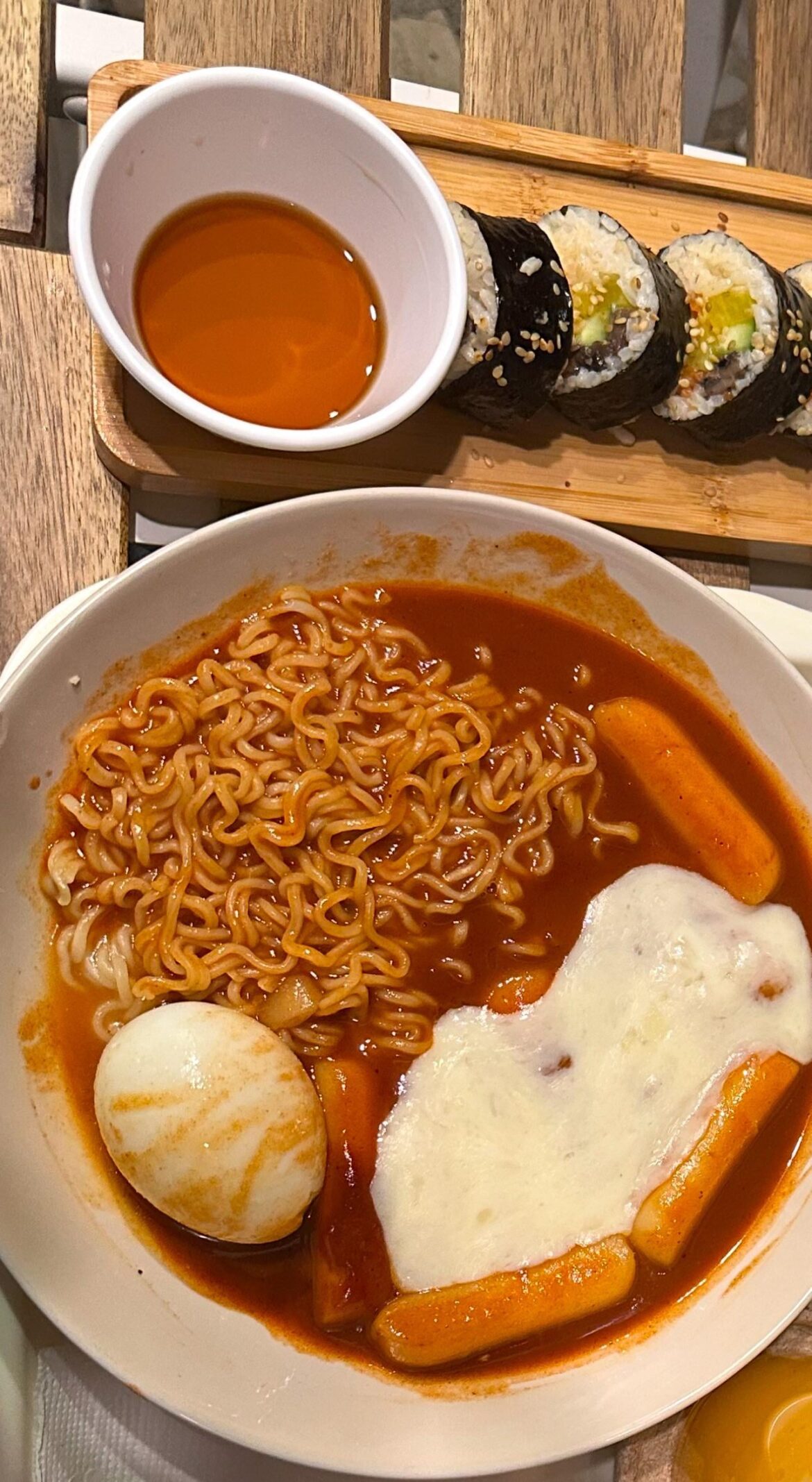 I had this tteokbokki and kimbap at a Korean restaurant. What's the sweet sauce they served with kimbap? I forgot to ask.