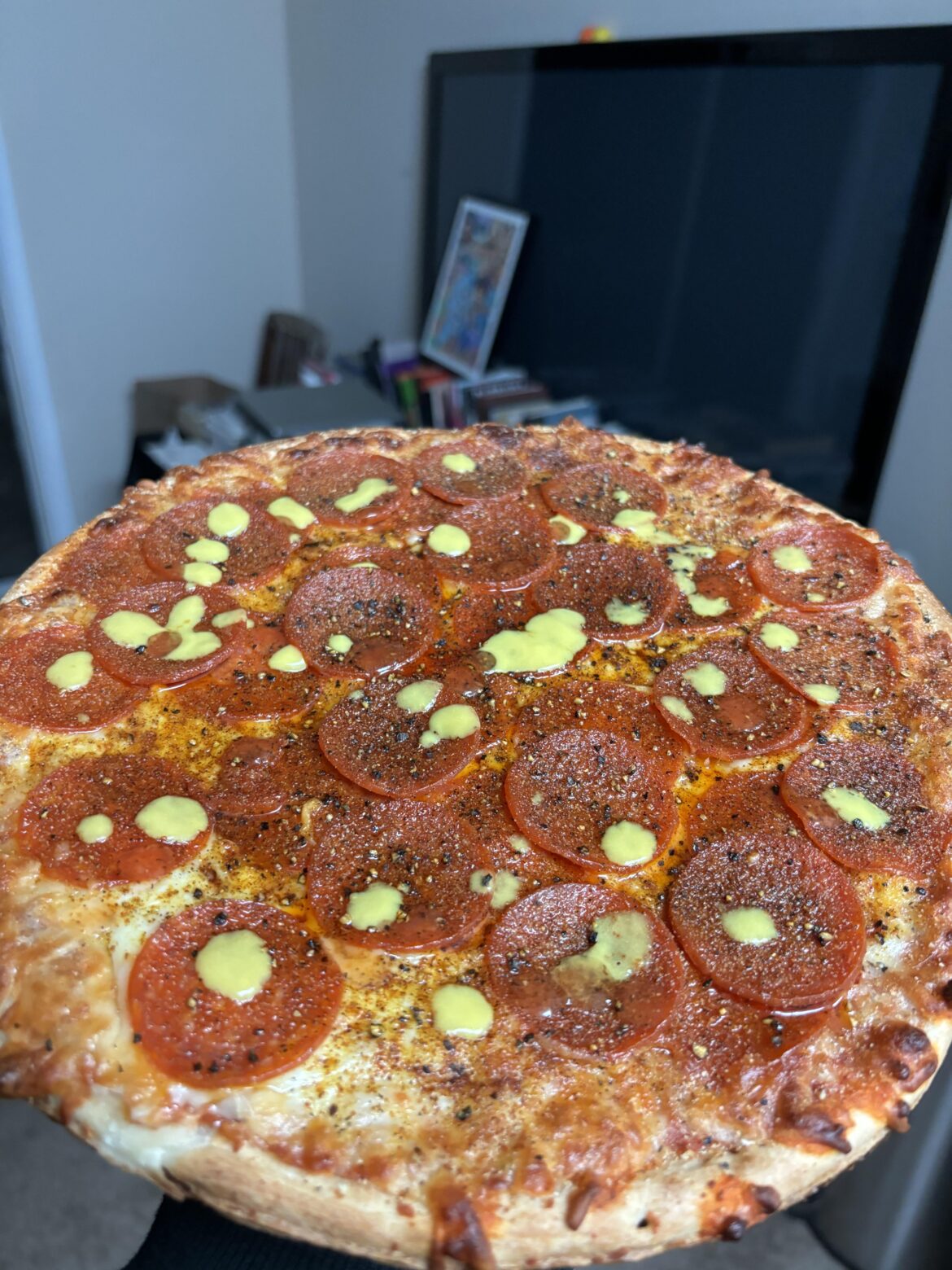 Frozen Costco Pepperoni w/ takeout mustard/duck sauce and spices
