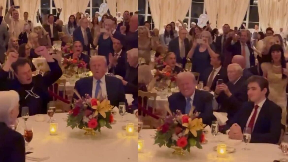 'Bored' Barron looks embarrassed watching Trump and Musk dance at Thanksgiving dinner