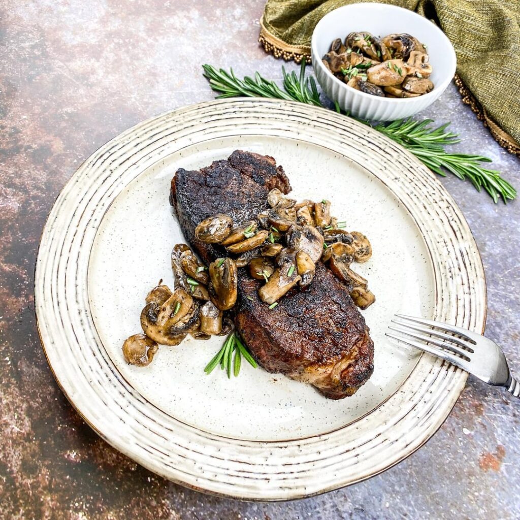 Seared Strip Steak with Sautéed Mushrooms