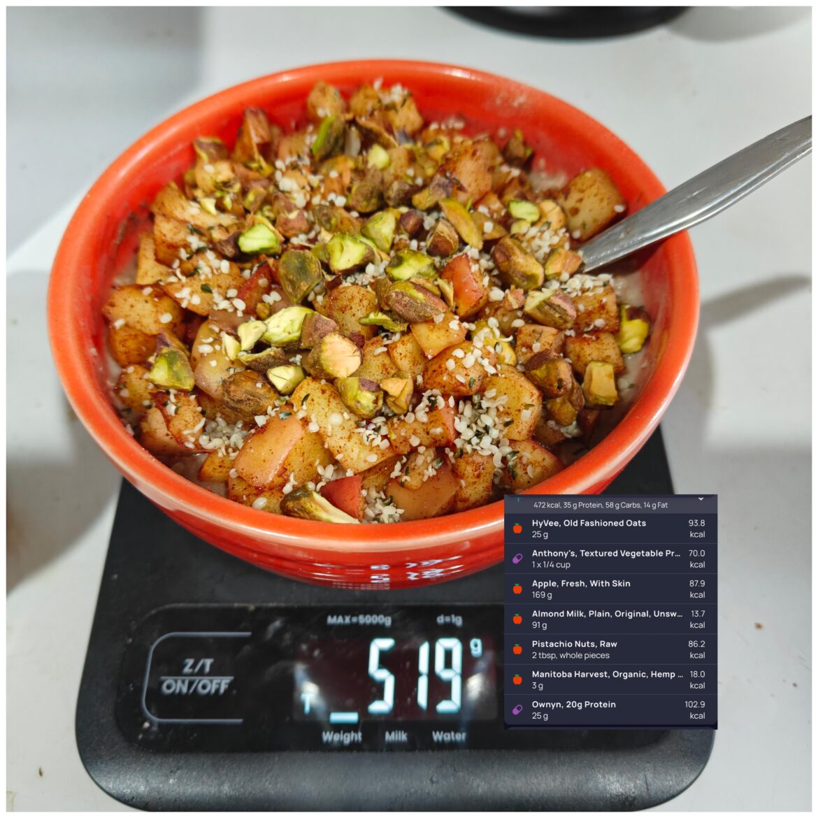 High-volume "apple pie oatmeal", always keeps me full until lunch for under 500 calories