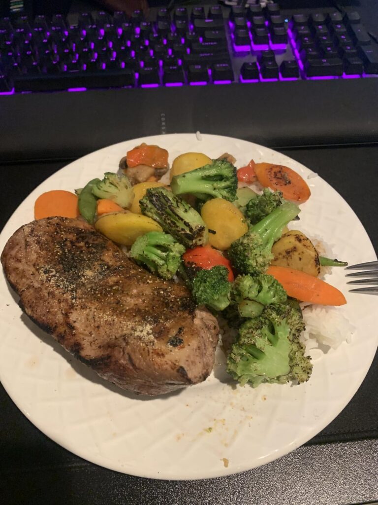 Pork tenderloin with rice and veggie stir fry