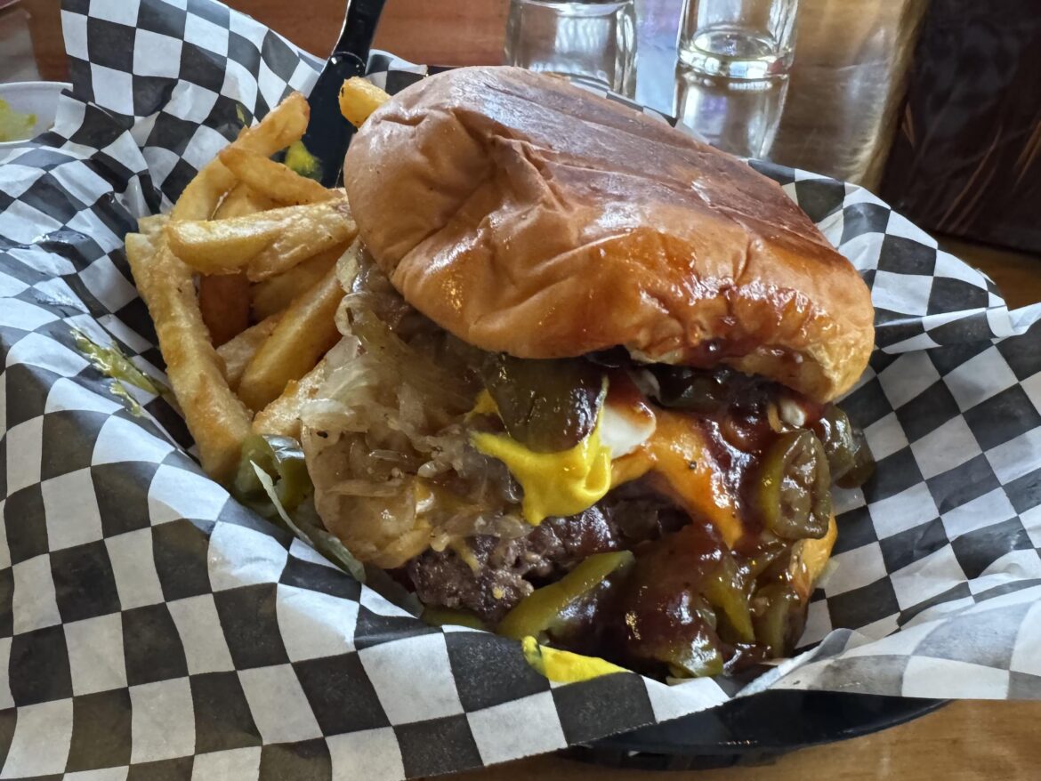 A 10 napkin burger from the Austin Beer Works food truck