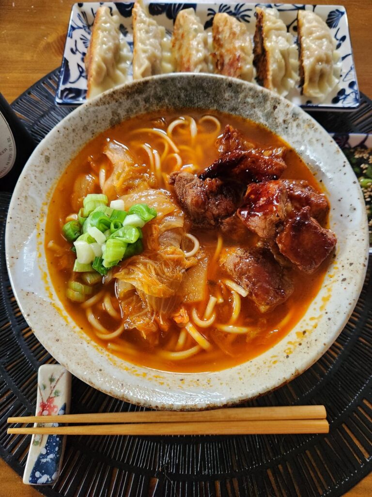 Kimchi Udon 🍜 🌶 with Ginger Braised Pork Belly and Grilled Mandu 🥟