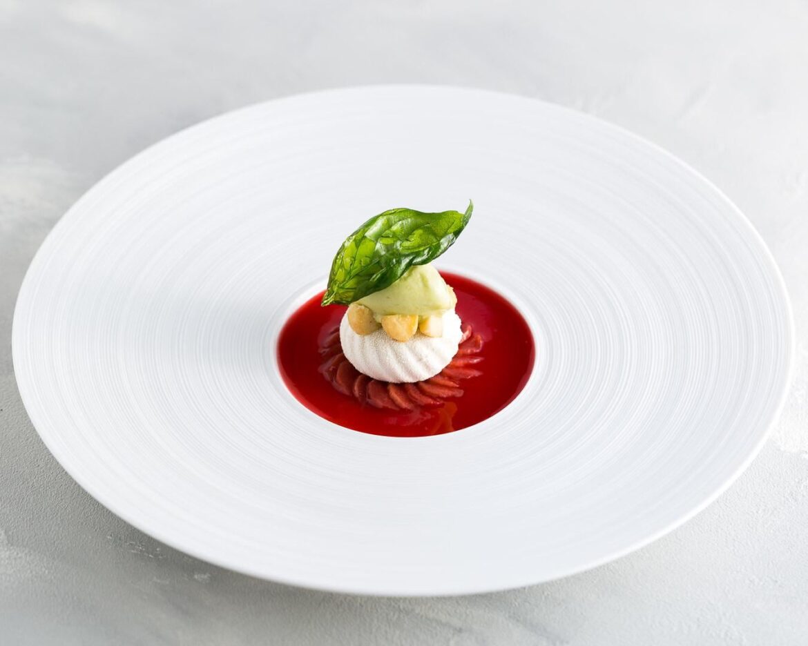 Creme of Vervain, poached rhubarb, basil sorbet, caramelized macadamia