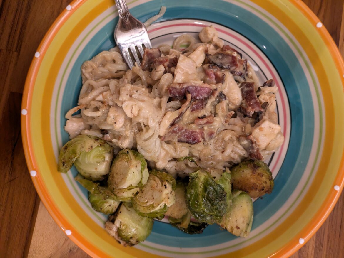 Turnip Noodles with Bacon, Chicken, and Cheese Sauce with Roasted Bacon Fat Brussels Turnip Noodles with Bacon, Chicken, and Cheese Sauce with Roasted Bacon Fat Brussels