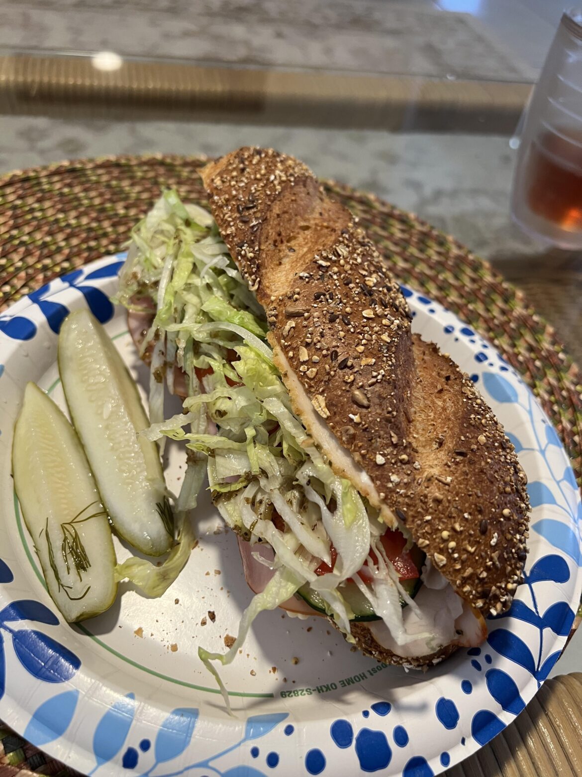 Cracked pepper turkey, EverRoast chicken, Black Forest ham, pepper jack cheese,  hot cherry pepper spread, lettuce, tomato, cucumber mayonnaise and sub dressing on Publix 5 grain roll