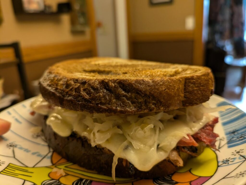Reuben sandwich made with pastrami, sauerkraut, Russian dressing, and deli mustard from Katz deli mail order