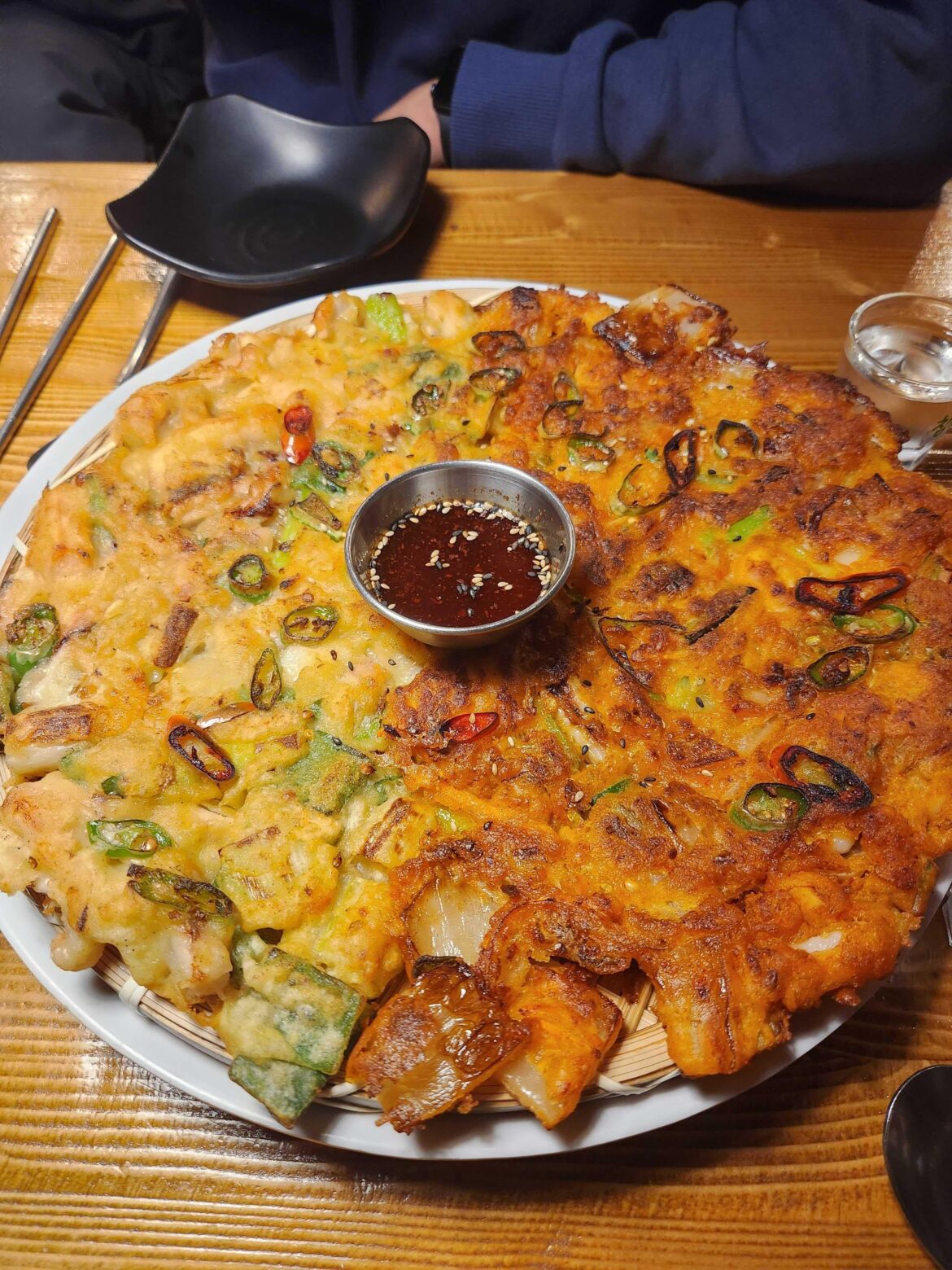 Half and half traditional Korean jeon with soju
