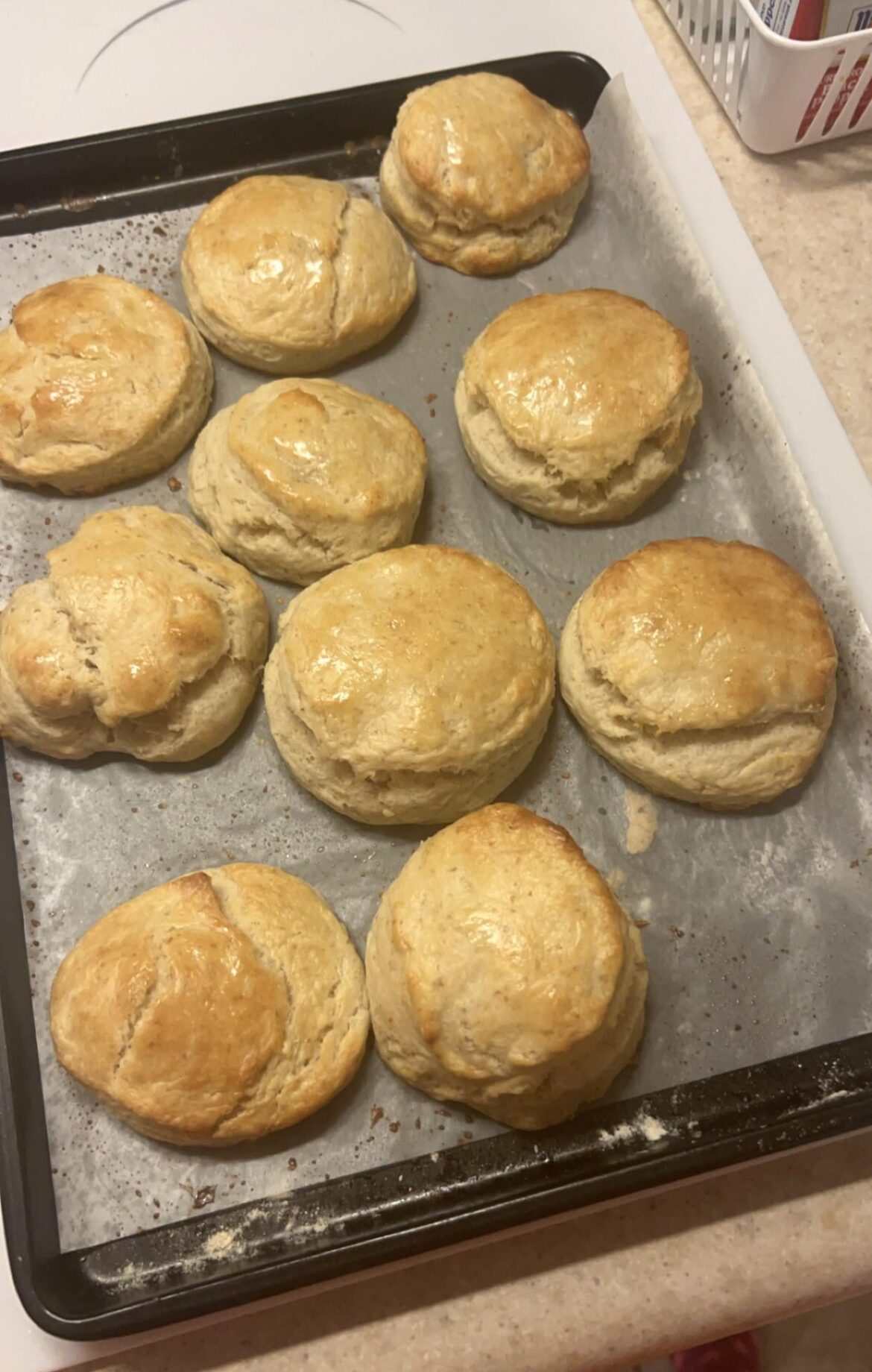 Update on my adventures in sourdough: discard flaky biscuits. They aren’t perfectly uniform, but they sure were delicious.