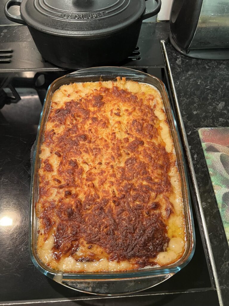 I made my best-so-far macaroni and cheese, served it with some honey and pepper gammon shanks and mixed salad (green veg next time)