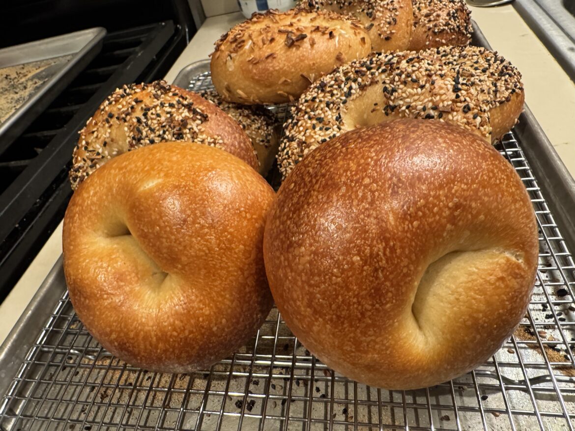 Hello all!  Pardon the announcement but I wanted to let you know that after a lot of hard work my wife and I will finally be offering fresh East Coast (truly) bagels for the first time this Saturday at the Aliso Viejo Farmer's Market!  Here's a pic of a recent test bake!  If you happen to be in OC..