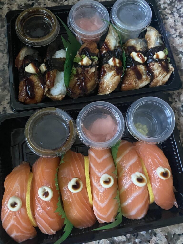 6 pieces Eel nigiri and 6 pieces salmon nigiri and 1 rice ball, cal estimate?