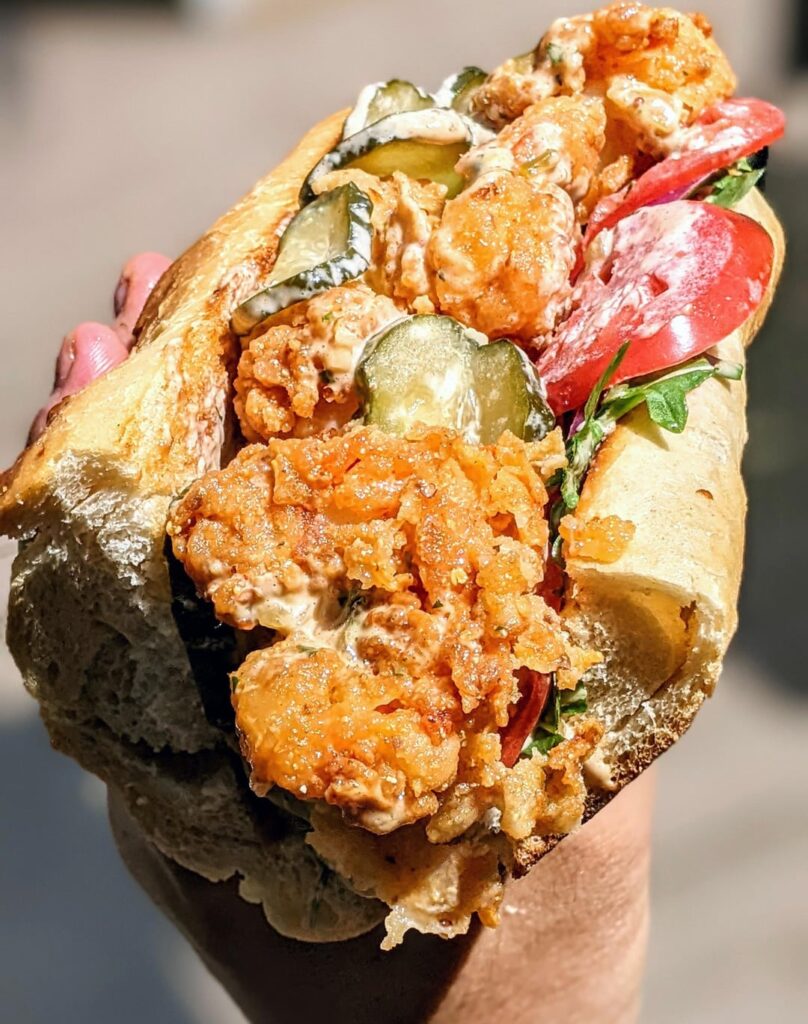 Homemade Fried Shrimp Po' Boy with Homegrown/Homemade Dill Pickles, Dill Pickle Remoulade, arugula, thin red onion, roma mater <swipe> Recipe link in comments