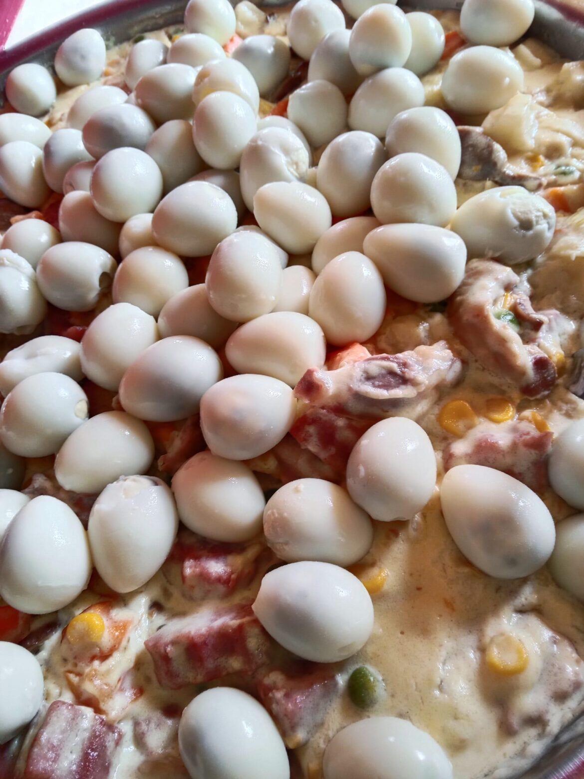 creamy sipo eggs - mixed veggies, ham with quail eggs