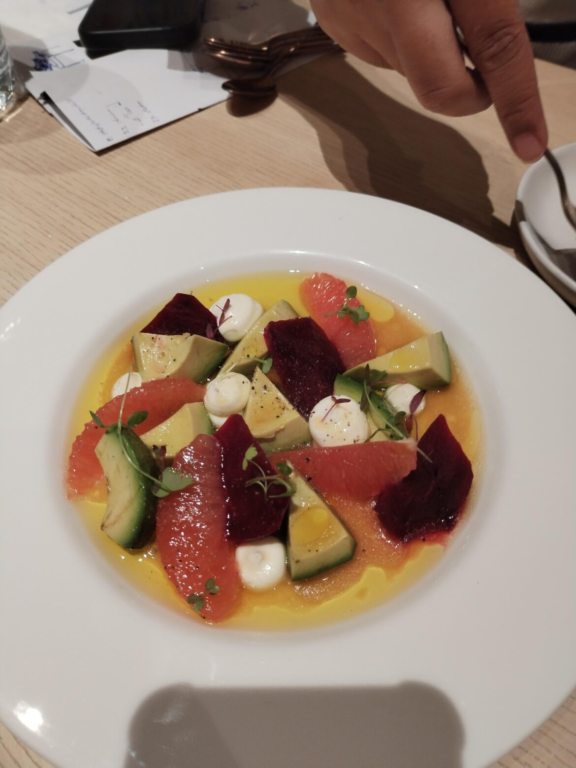 Avocado-beetroot-blood orange-goat ricotta-maple/apple cider dressing - micro greens?😬...​
