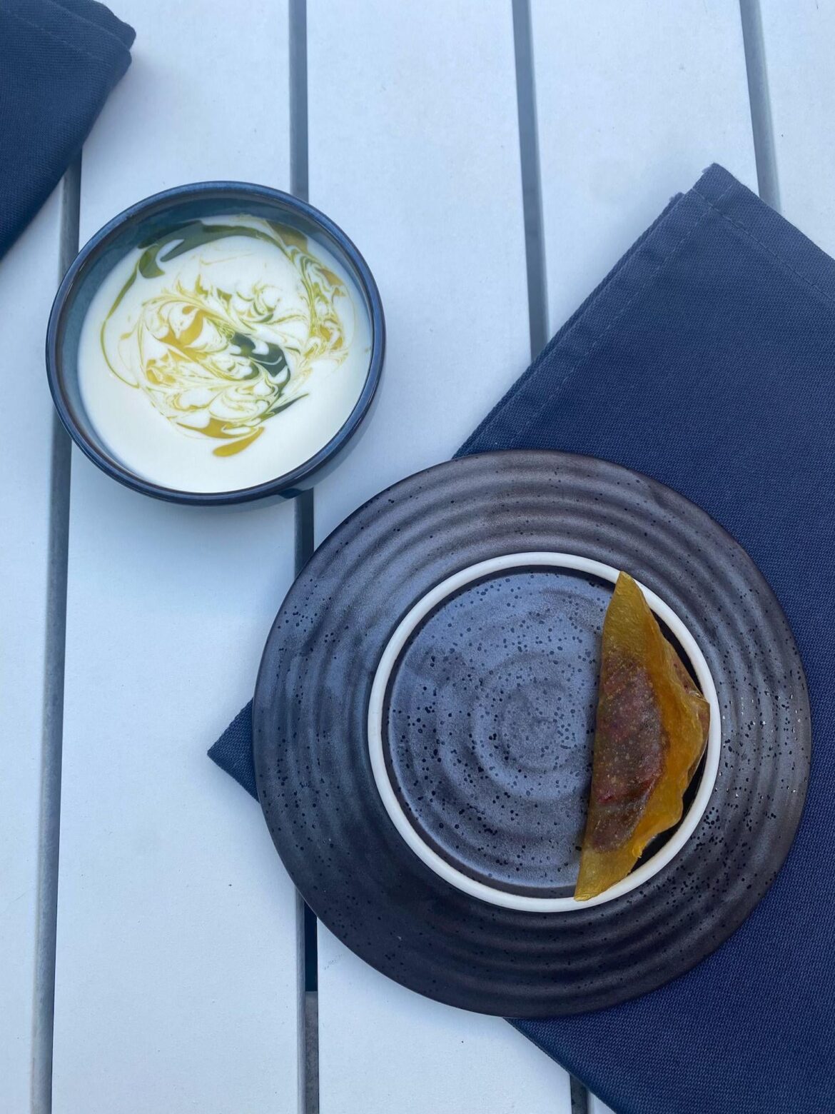 Mango leather dumpling, salted beetroot, fermented cream, summer oils