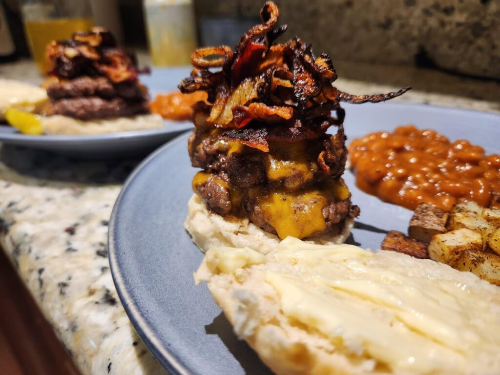 Double smash biscuit, bacon, fried onion burger.
