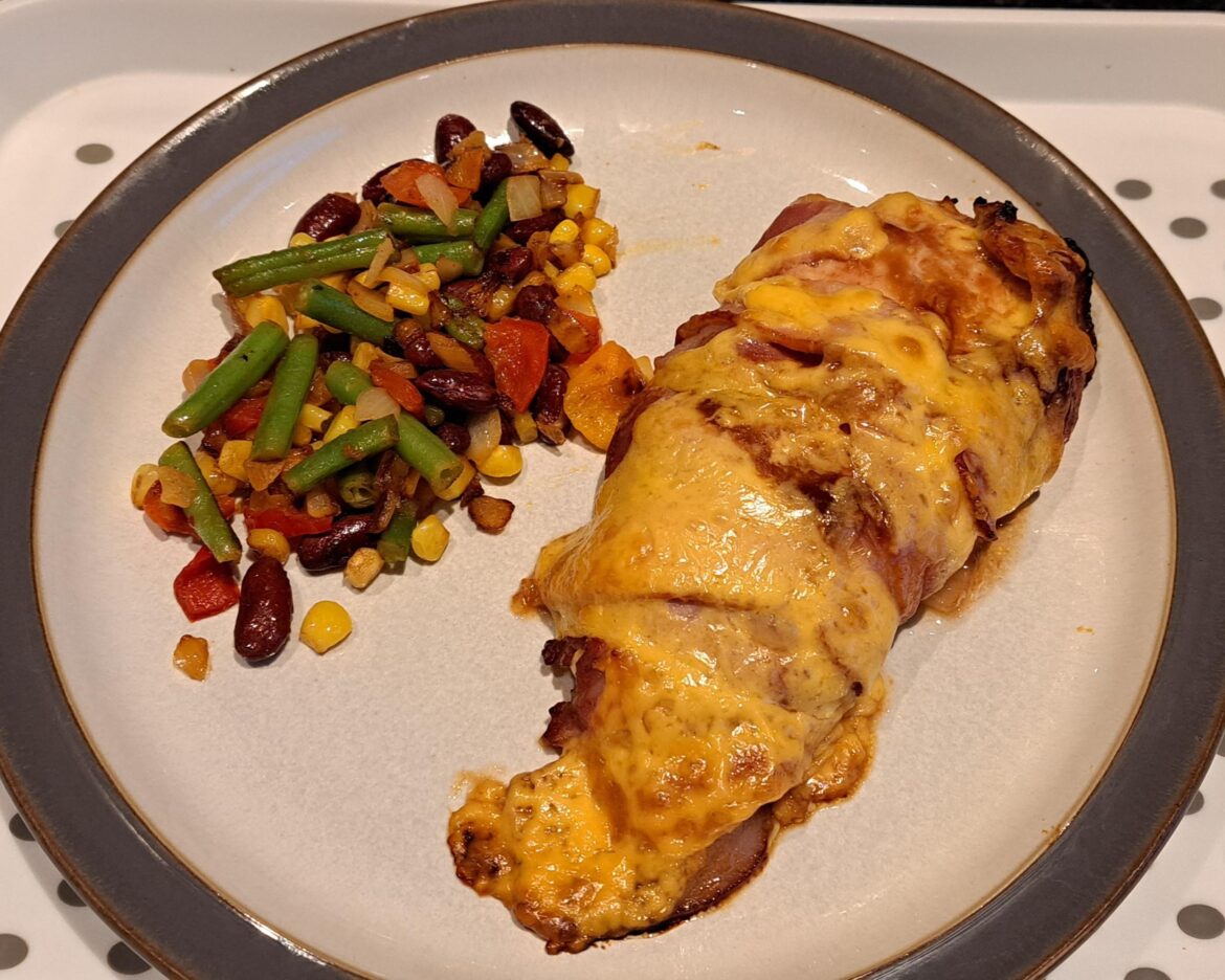 Smoked apple BBQ Hunters Chicken with cajun spiced veggies.