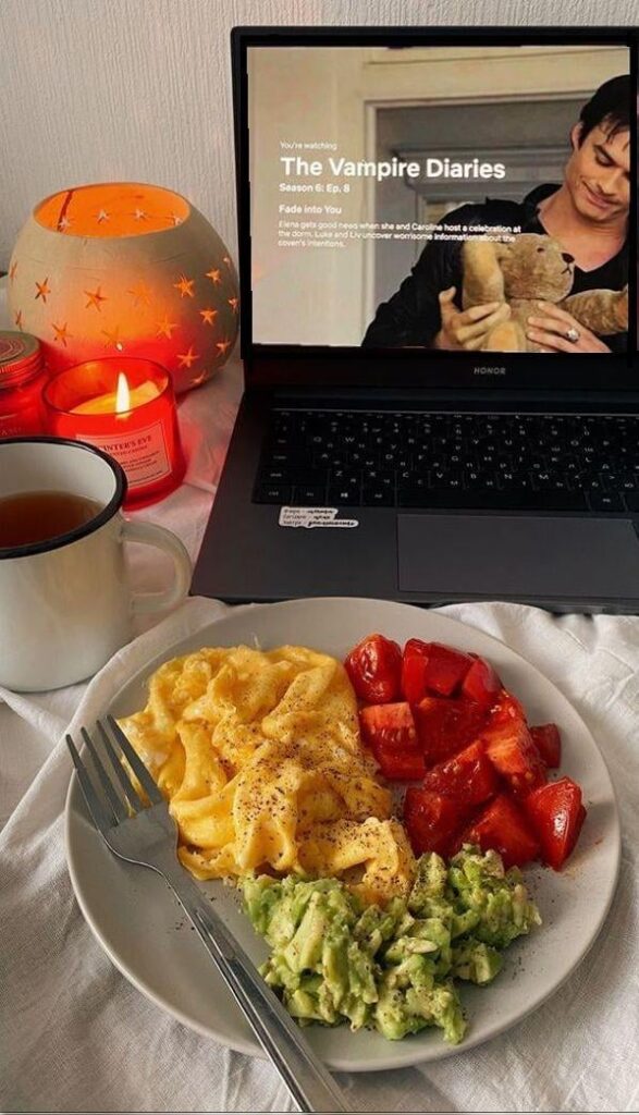 fluffy scrambled eggs, creamy avocado and tomato