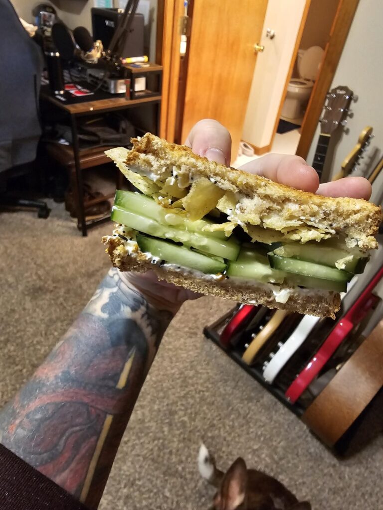 Multigrain toast, cream cheese, cucumber, everything bagel seasoning, crushed up sour cream n onion lays.