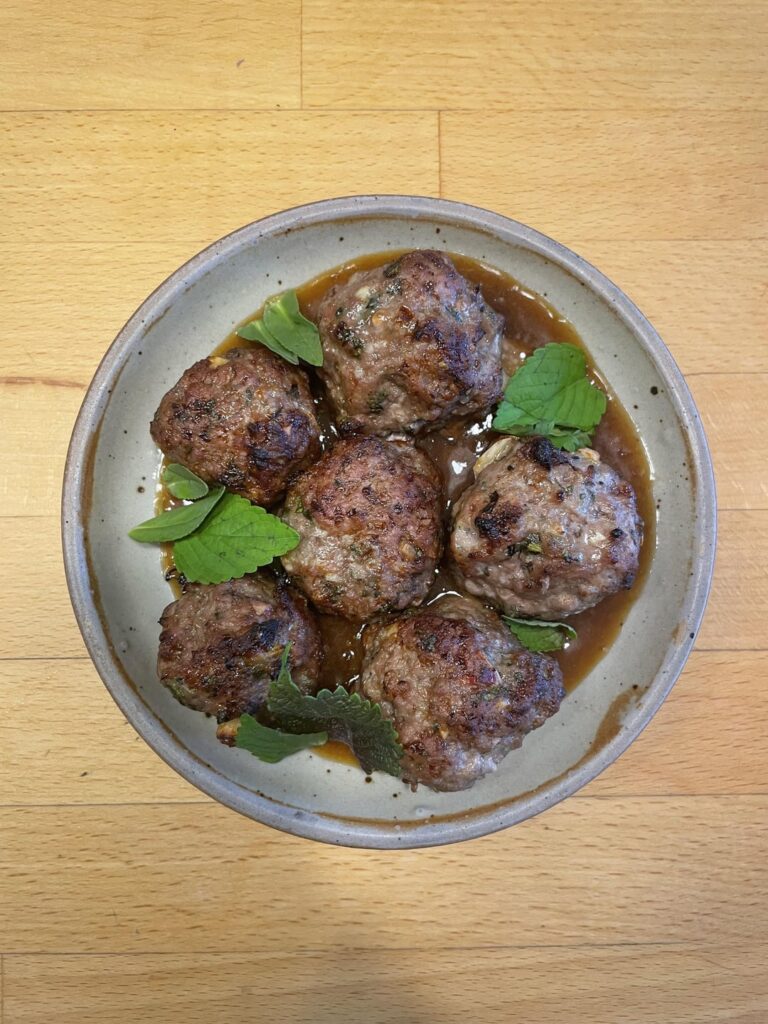 pork meatball with marmelade d’agrumes and saké sauce
