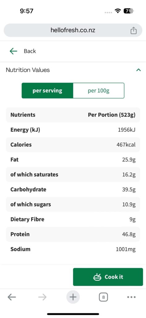 Hello Fresh New Zealand calories and nutrition info is WAY off
