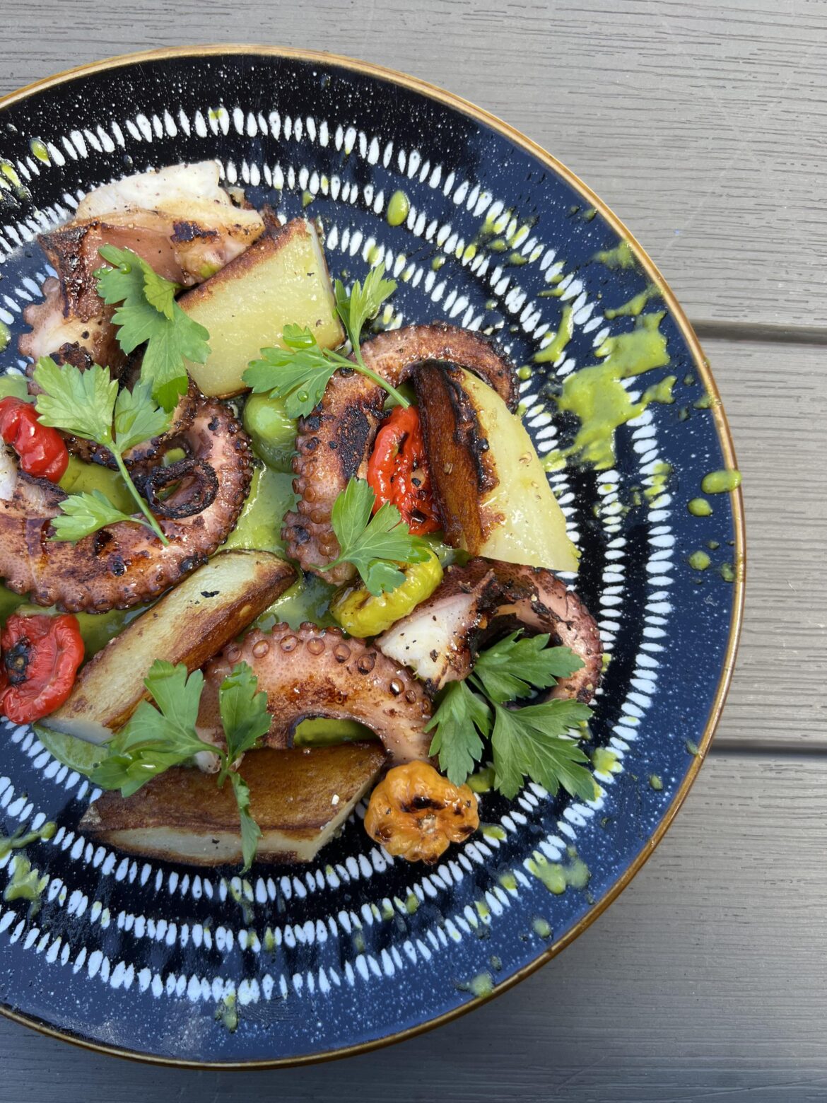 BBQ Octopus, Salt Baked Potatoes, Charred Habanada Peppers and Salsa Verde.