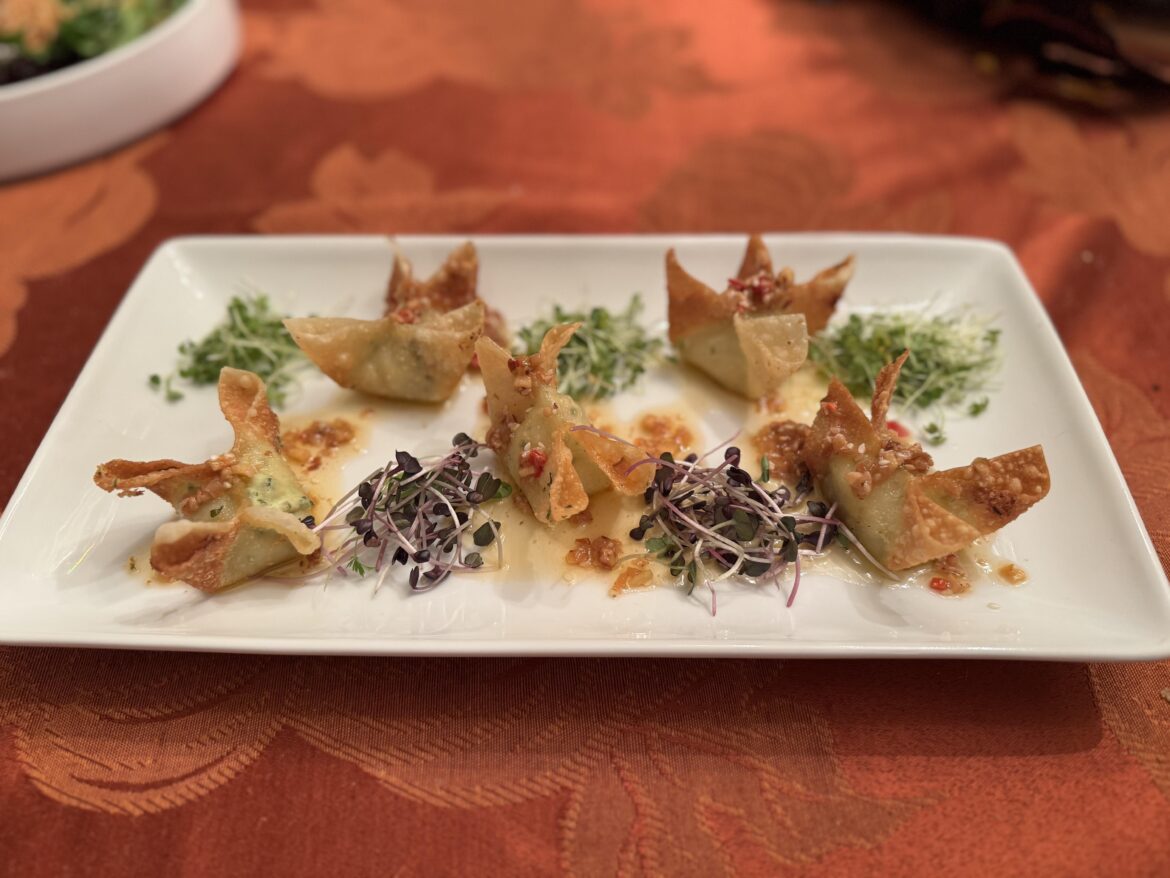 Catfish wontons, micro wasabi, micro radish, and plum chili oil
