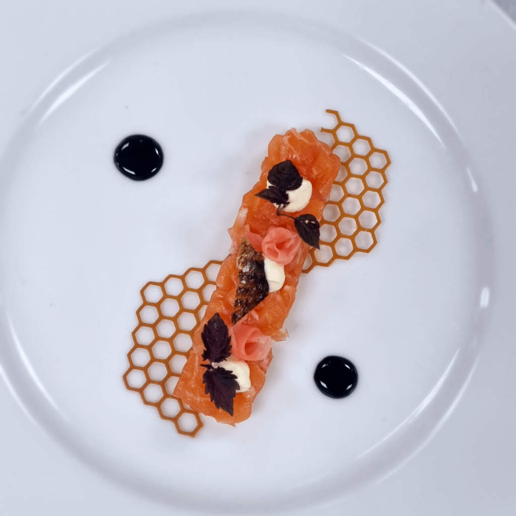 Salmon Tartare with Creme Fraiche and Balsamic Glaze
