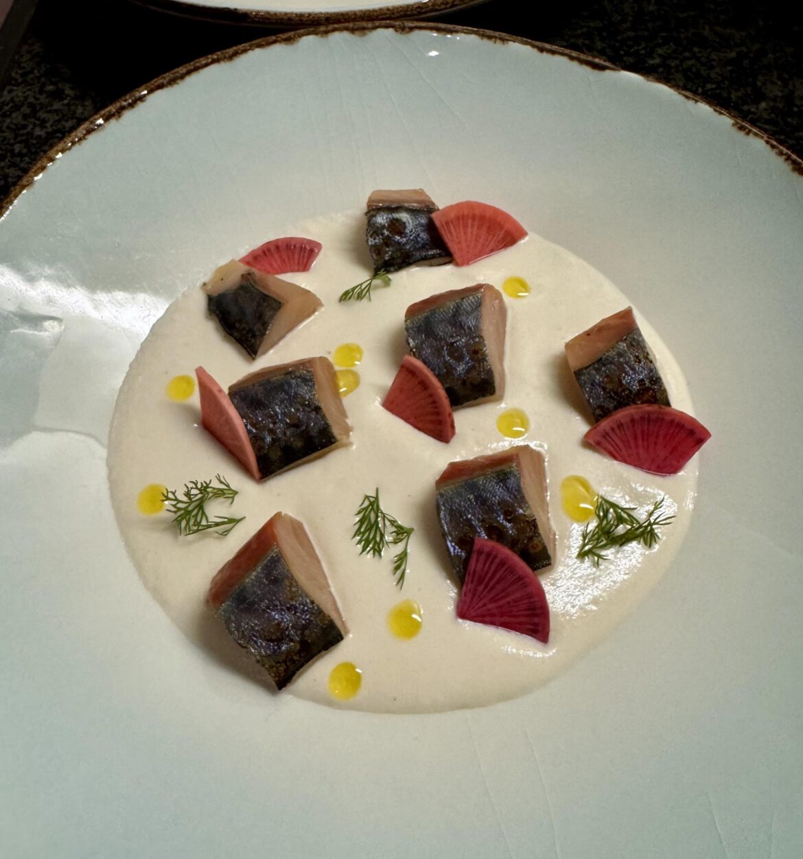 [homecook] Cured and torched mackerel, pickled radish and almond gazpacho