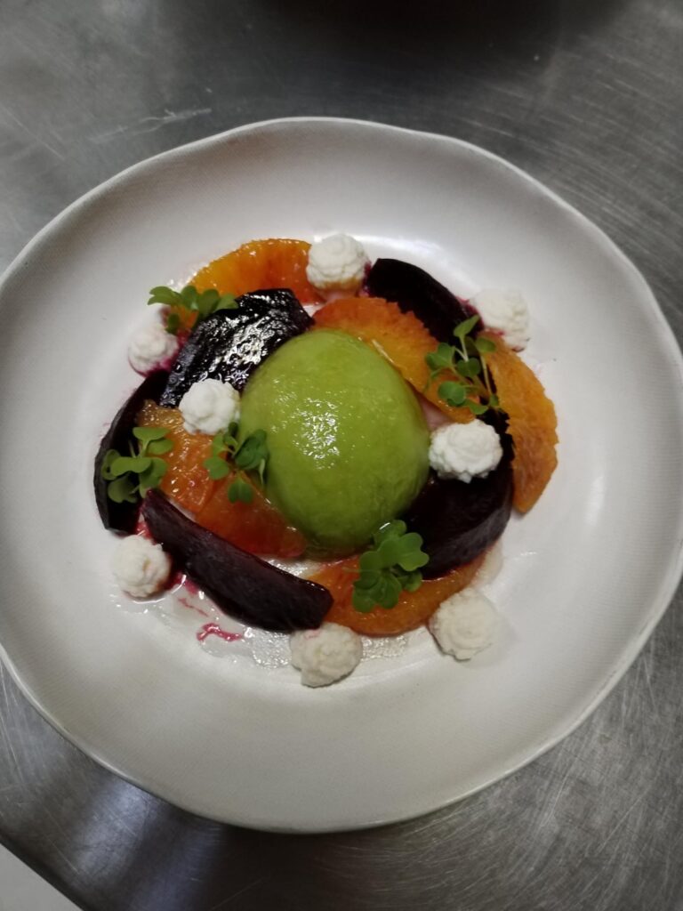 Version #2. : avocado, oven baked beet, blood orange, goat ricotta, micro greens, maple-apple cider dressing.