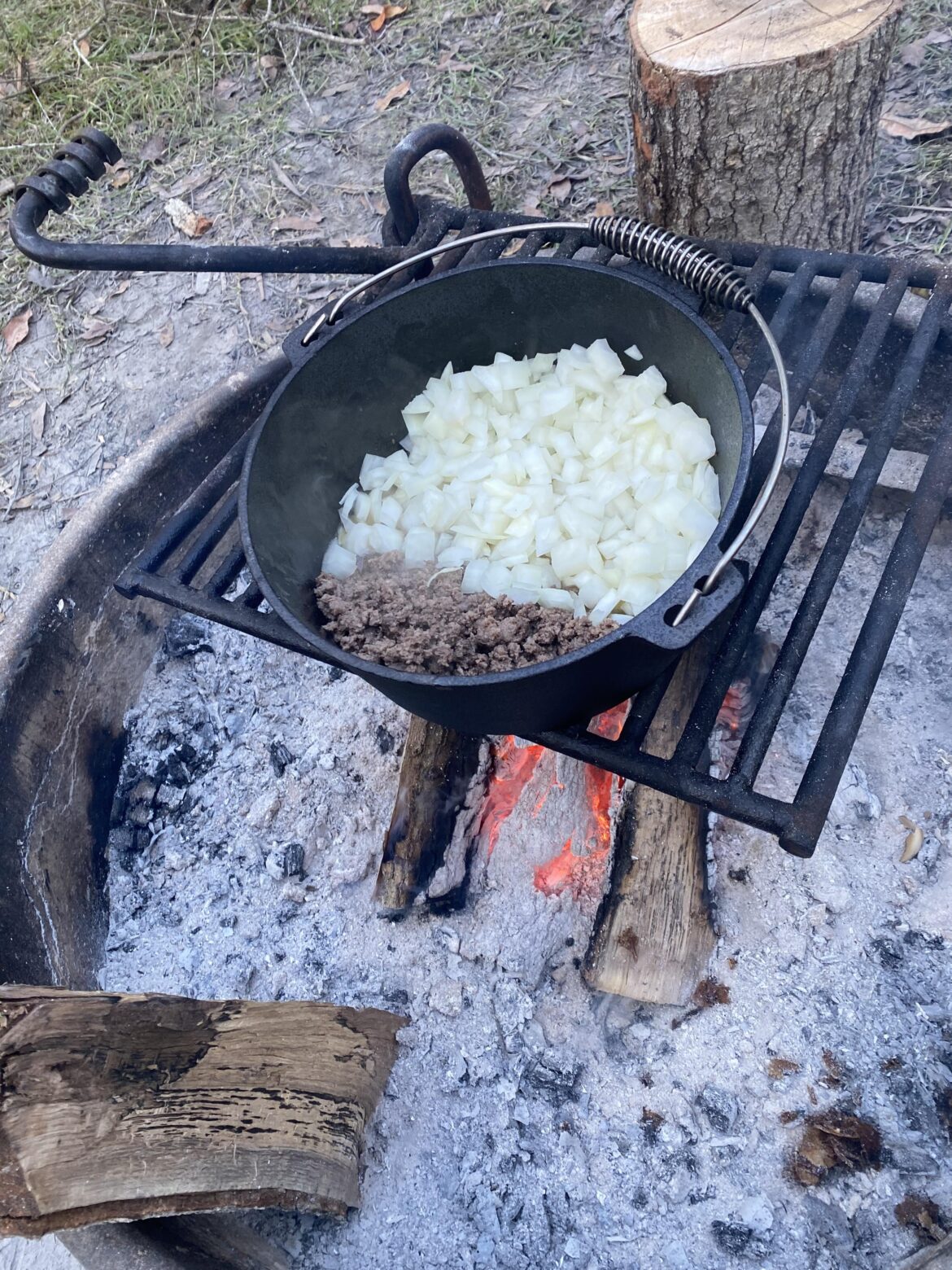 Thought we’d make a lil chili while camping. I have to disagree with the recipe calling for “half” of a “medium” onion.