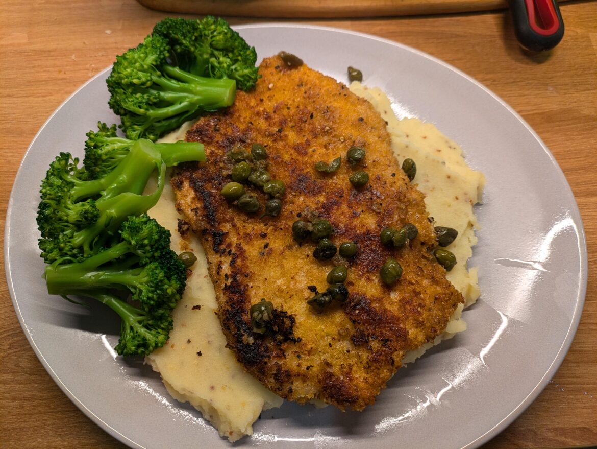 Turkey schnitzel and mustard mash