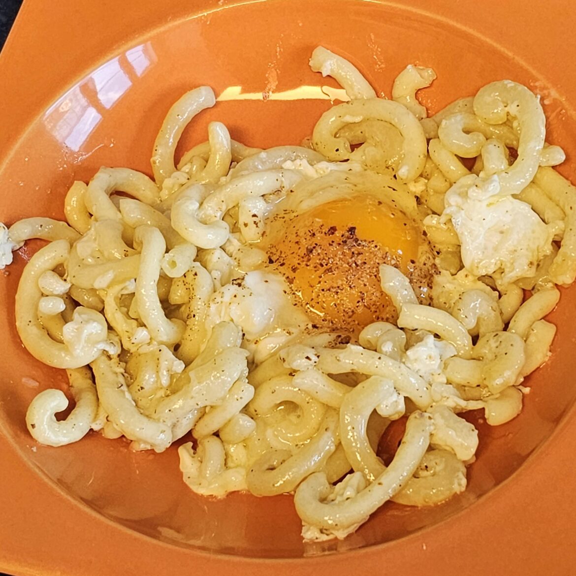 An egg on pasta made from scratch