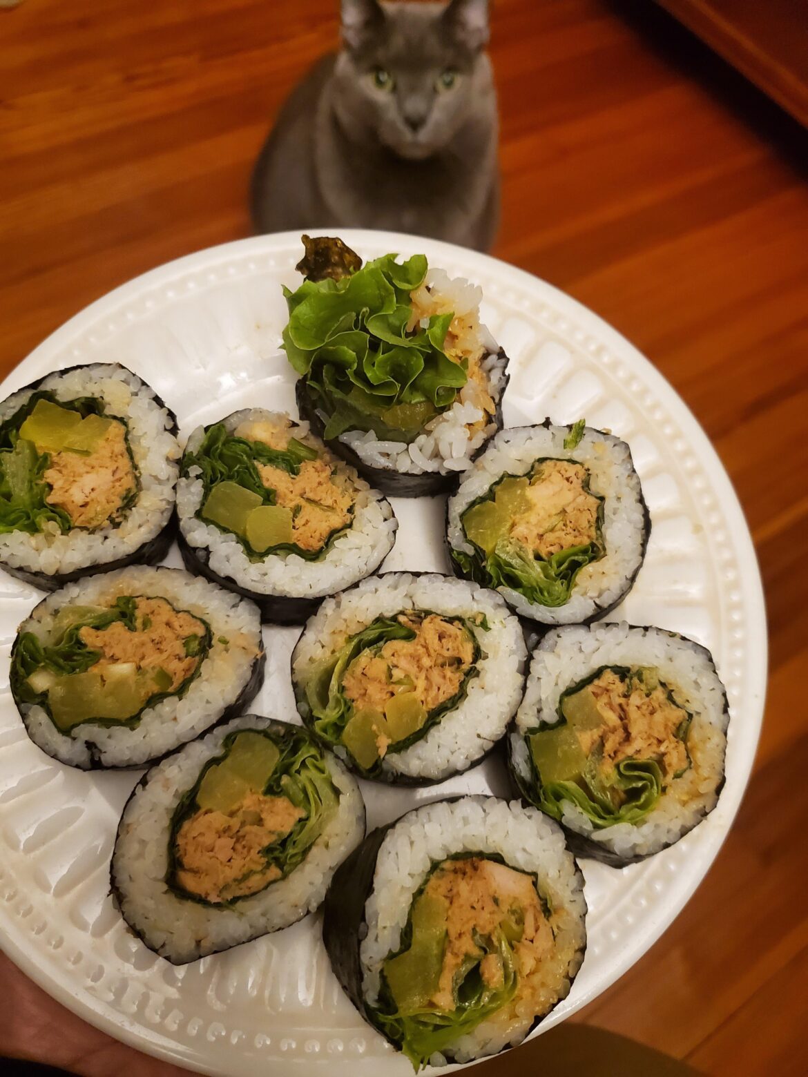 Tuna kimbap with perilla leaves and pickled daikon.