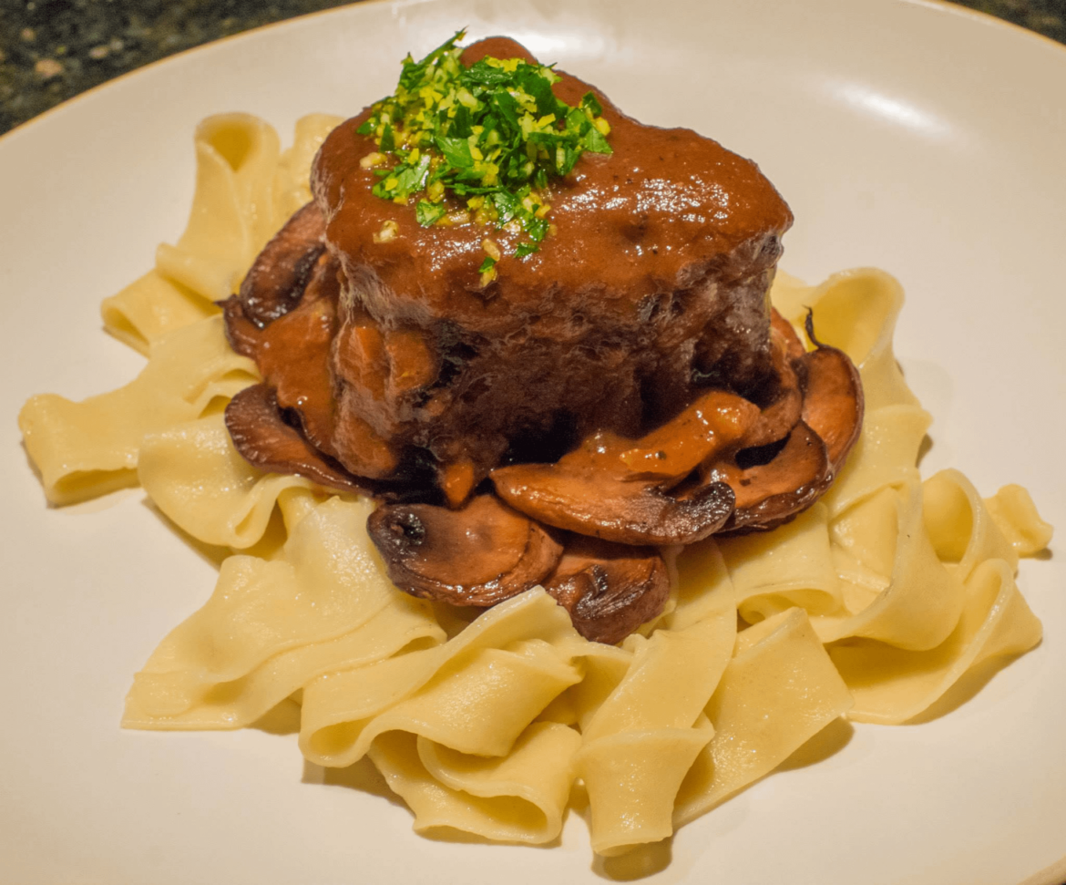 Braised Short Rib, Seared Mushroom, Pappardelle in Clarified Butter.