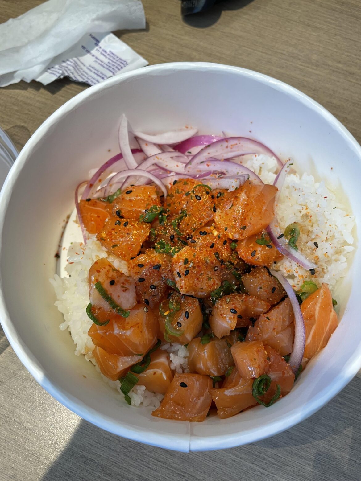 I decided to order the usual at my local poke place, this time I add green onions and extra salmon, but still simple.
