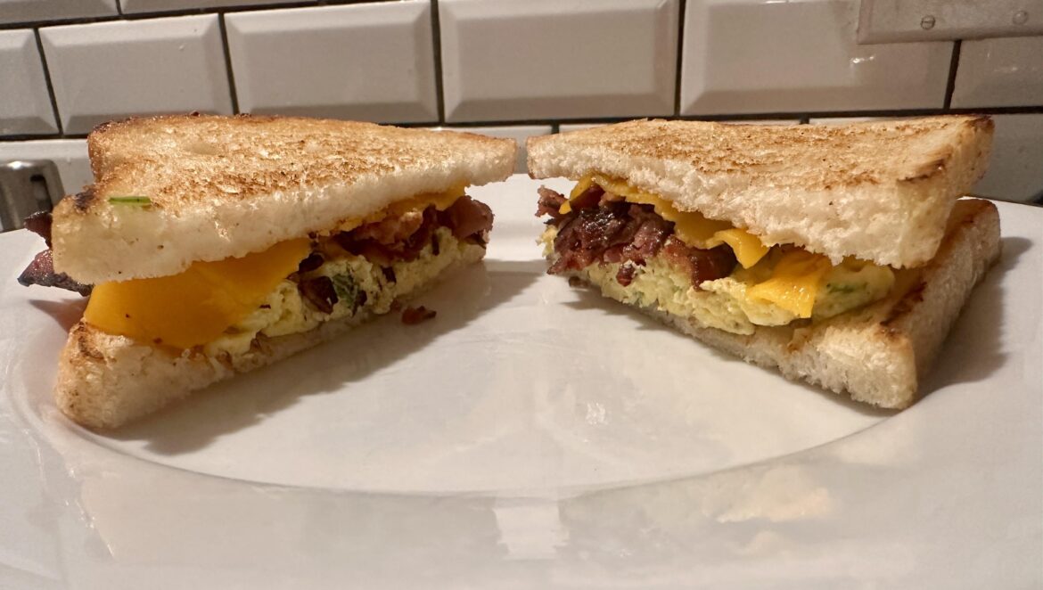 Bacon, egg, scallions, sharp cheddar and sourdough loaf.