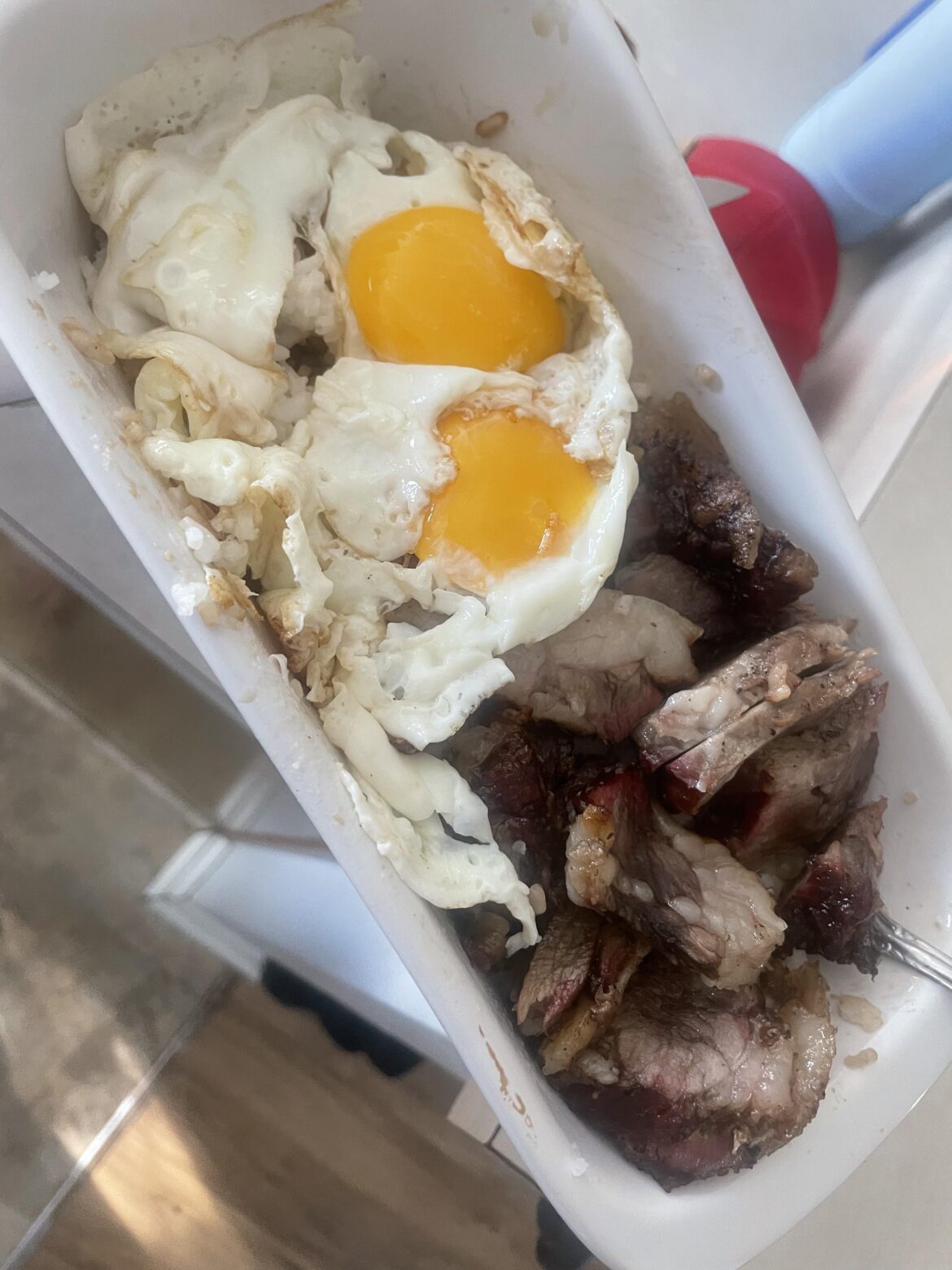 Left over beef rib with white rice and two eggs🍳🍳