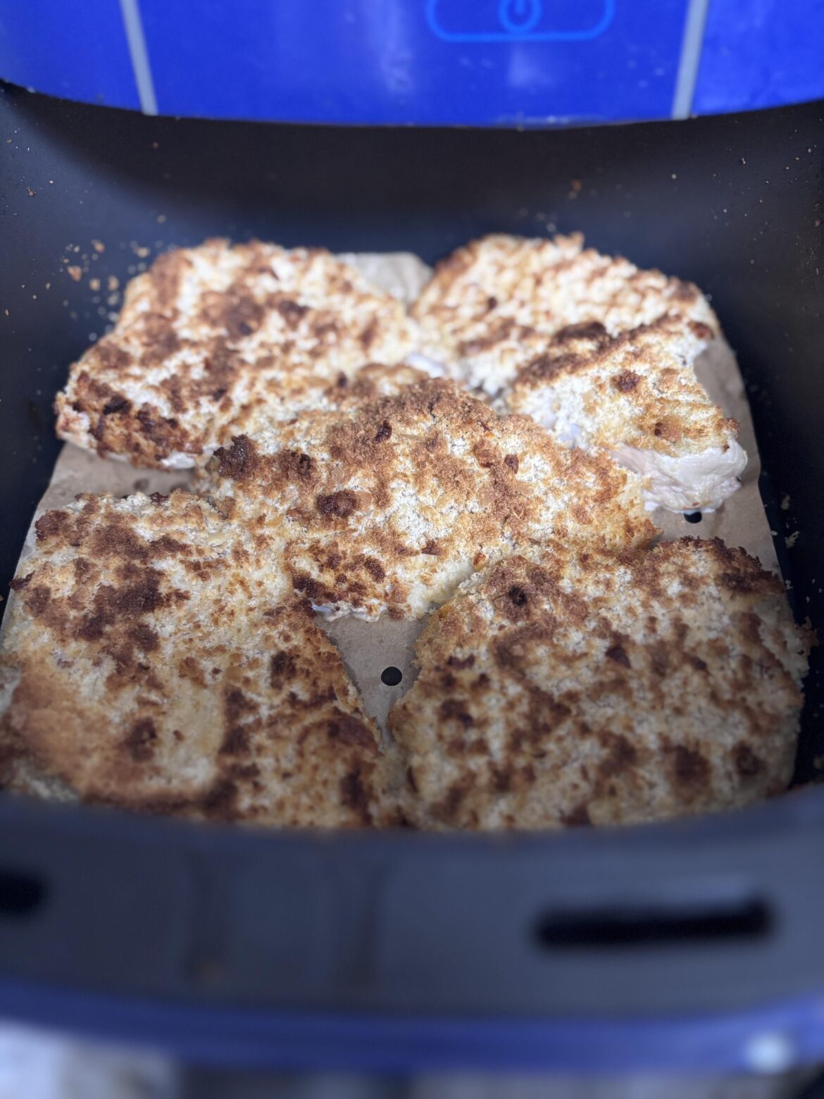 Mayo breaded, frozen, air fried chicken breasts